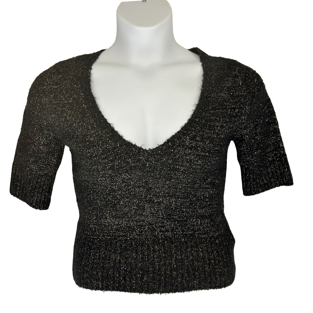 Great American Sweater Womens Black Gold Metallic V-Neck Short Sleeve Sweater L